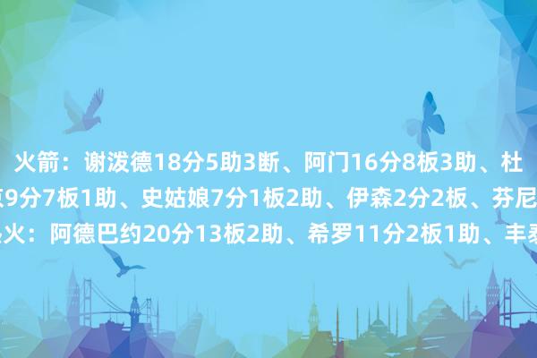 火箭：谢泼德18分5助3断、阿门16分8板3助、杜兰特11分1板2助、申京9分7板1助、史姑娘7分1板2助、伊森2分2板、芬尼-史姑娘1分1板2助热火：阿德巴约20分13板2助、希罗11分2板1助、丰泰基奥10分3板2助、拉松10分3板2助、米切尔8分3助、史姑娘2分2助、加德纳2分1助、亚库乔尼斯1板3助、韦尔1板、约维奇1板    体育录像/图片
